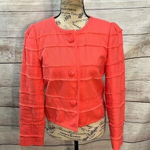 J Crew Blazer Jacket Fringe Frayed Coral Cropped Size 6 Cotton Blend Lined
